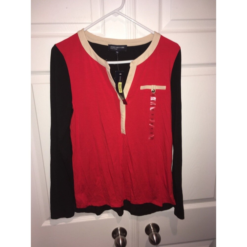 JONES NEW YORK Size M Shirt Long Sleeve Top Colorblock Black Red White New